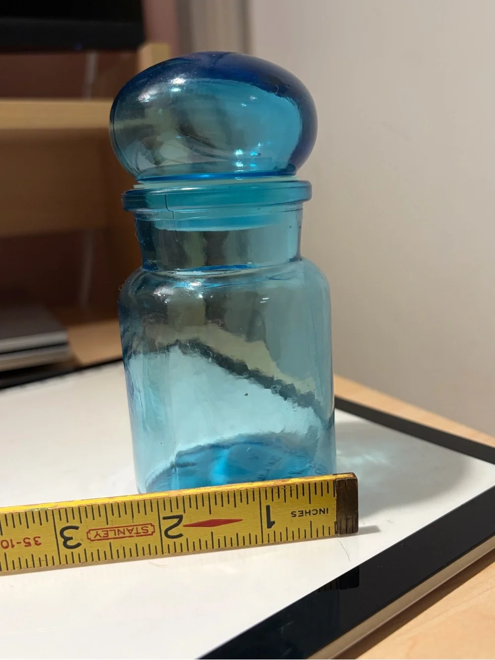 Blue Made in Belgium Glass Apothecary Jar with Bubble Top 5 in tall & 3 in wid